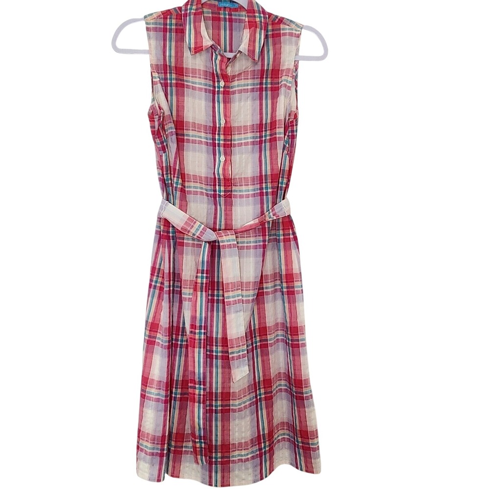 J.McLaughlin Pink Teal Plaid Sleeveless Shirt Dress Belted Midi Womens Size S